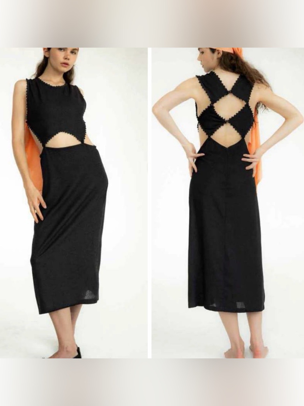 TACH Clothing Valerie Black Cutout Linen Blend Embroidered Trim Midi Dress Sz XS